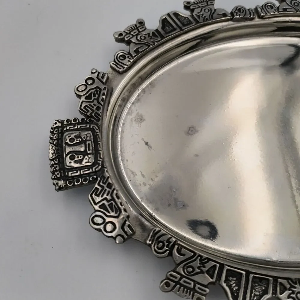 VTG Made in‎ Bolivia 97% Pewter Trinket Dish Oval Inca Tribal Indian Design FEMA